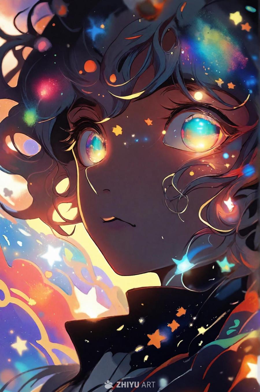 一个具有发光眼睛的角色，眼睛里似乎包含了整个星座，