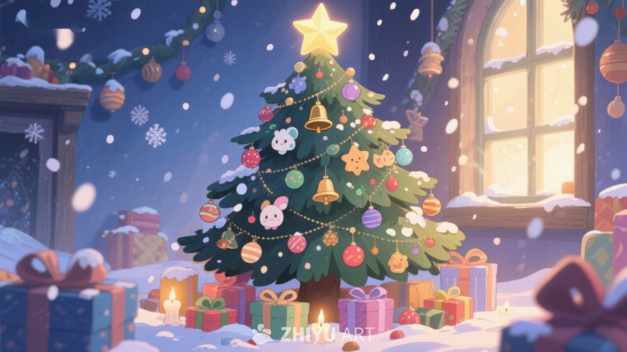 温馨圣诞树与礼物的节日场景 245