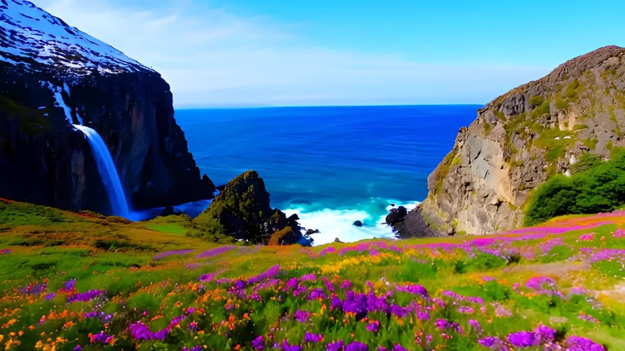 瀑布倾泻而下，汇入湛蓝的海湾。崎岖的山峰环绕着这片