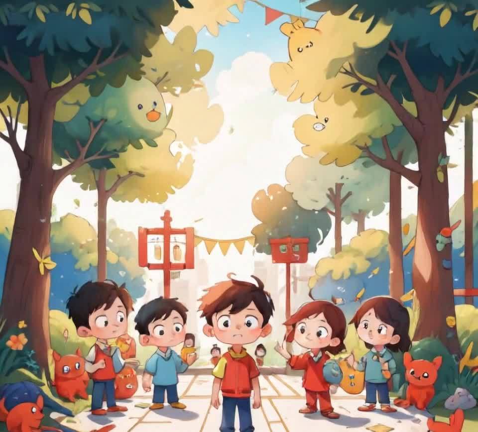 卡通公园里的孩子们与动物树叶