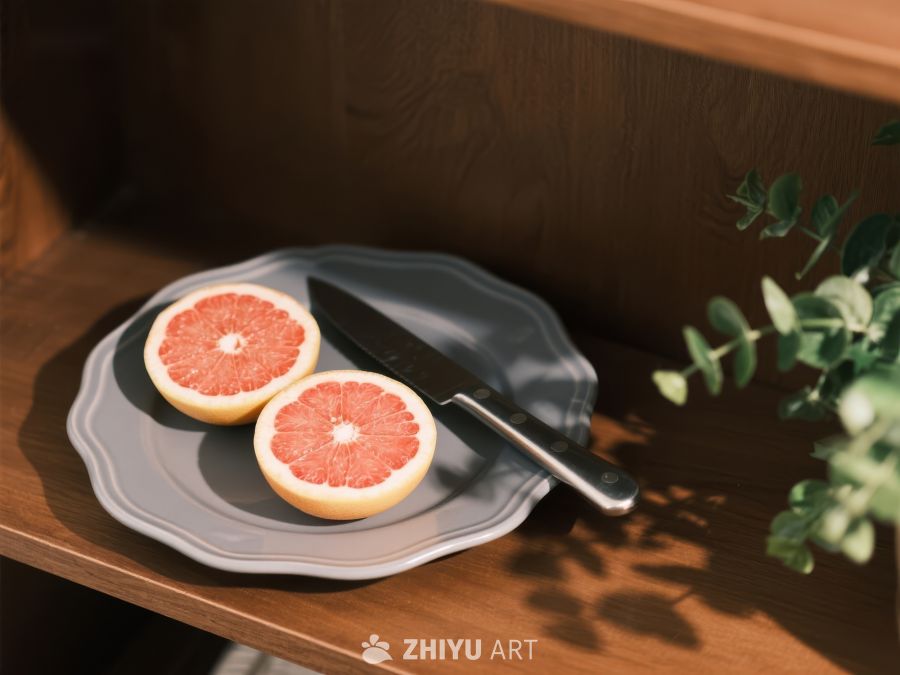 切开的柚子放在盘子上，旁边有刀 440
