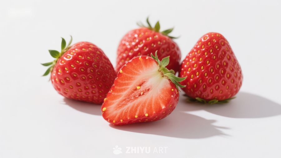 新鲜草莓特写，一颗切开展示内部