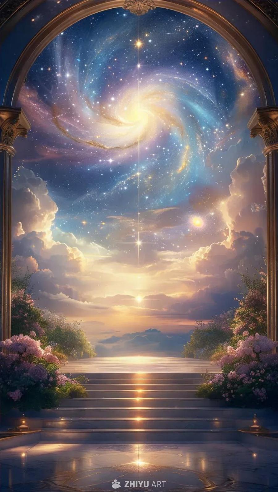 一个天上的圣殿，天堂之屋，沐浴在空灵的光芒中。拱形