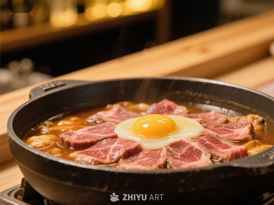 铁锅煎肉配蛋黄，诱人美食 707