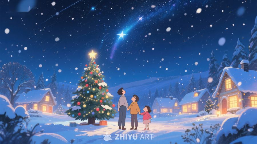 冬夜雪景中的圣诞树与家人 123