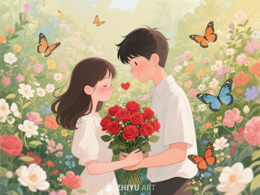 花丛中情侣互赠玫瑰 308