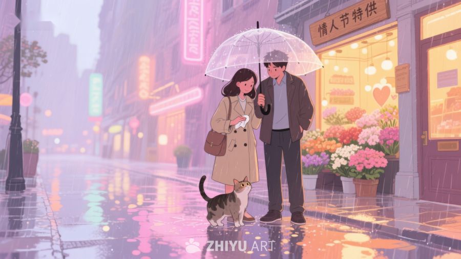 雨中情侣共伞，猫咪相伴温馨街景 664