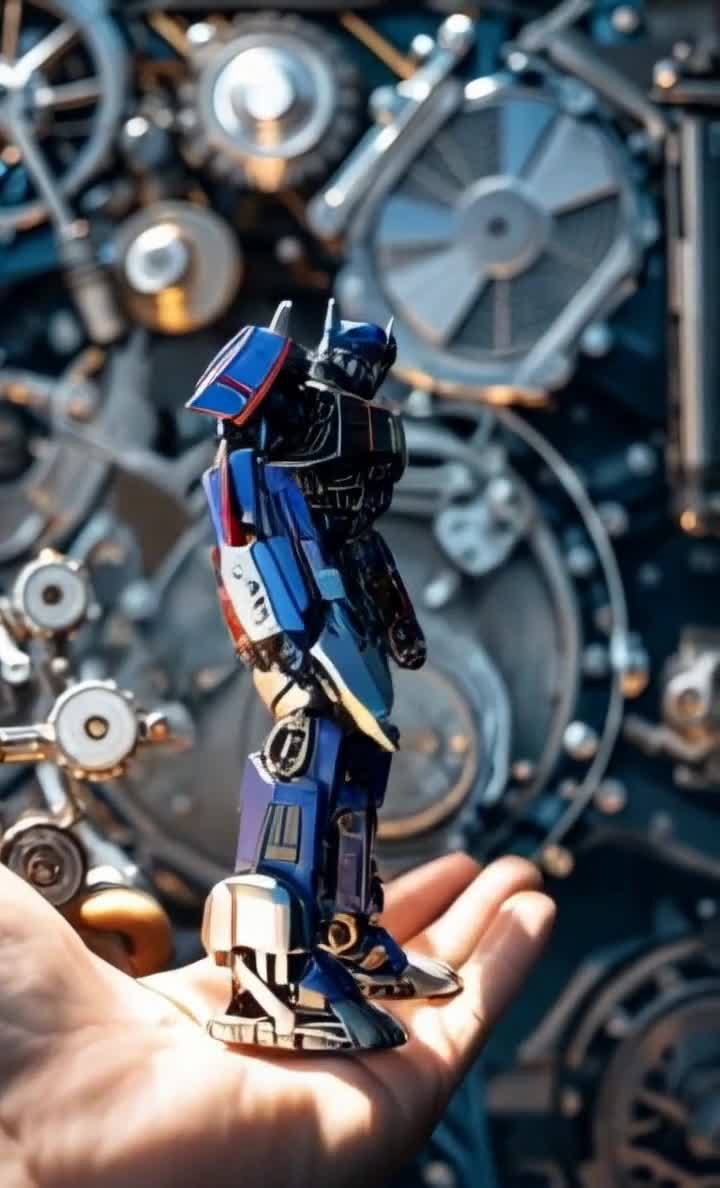 擎天柱模型手托，机械背景下的变形金刚