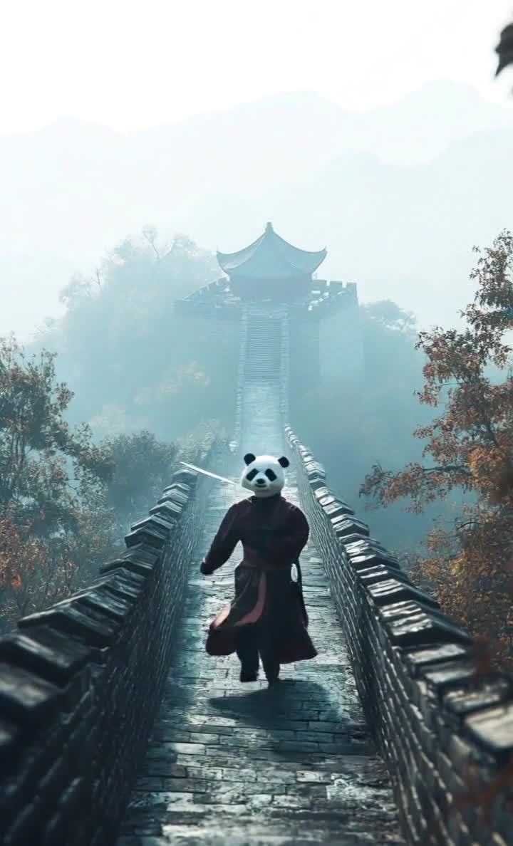 熊猫头套侠客行走长城，通往古建筑的迷雾之路。