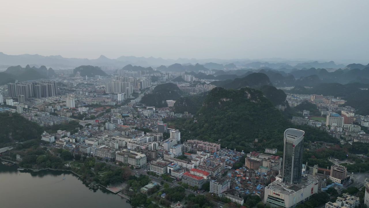 广西柳州城市清晨航拍 