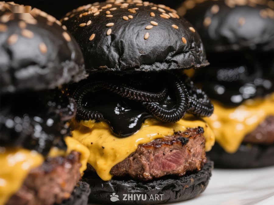黑色汉堡配芝士和牛肉馅