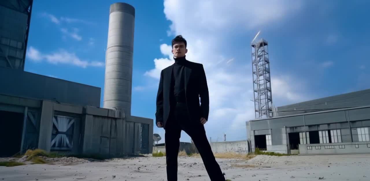 废墟中的黑衣男子：废墟与天空的对峙。