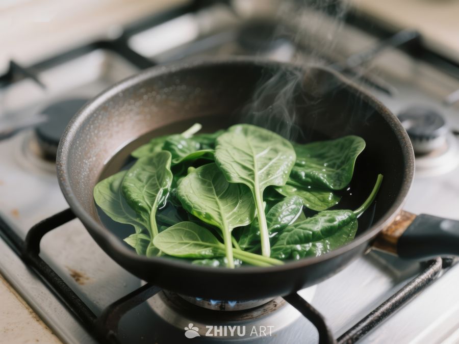 热锅中翻炒的绿叶蔬菜 471