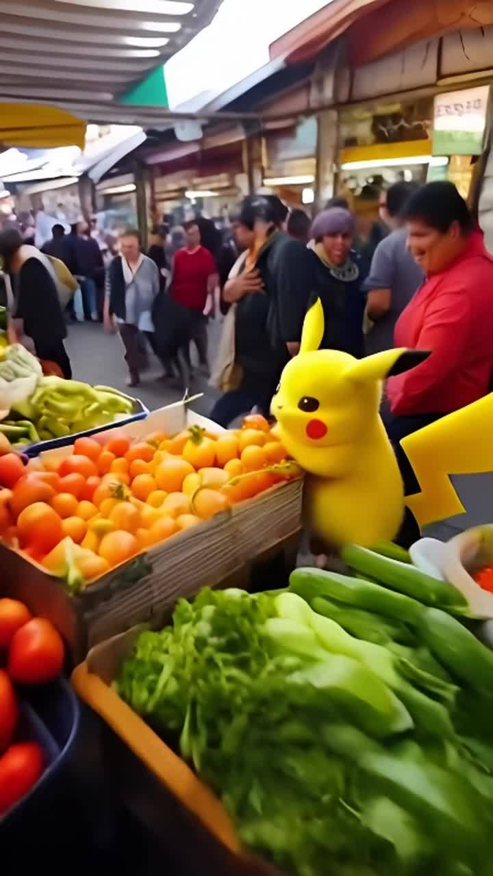 在熙熙攘攘的市场里，皮卡丘穿梭在各种蔬菜之间。它来