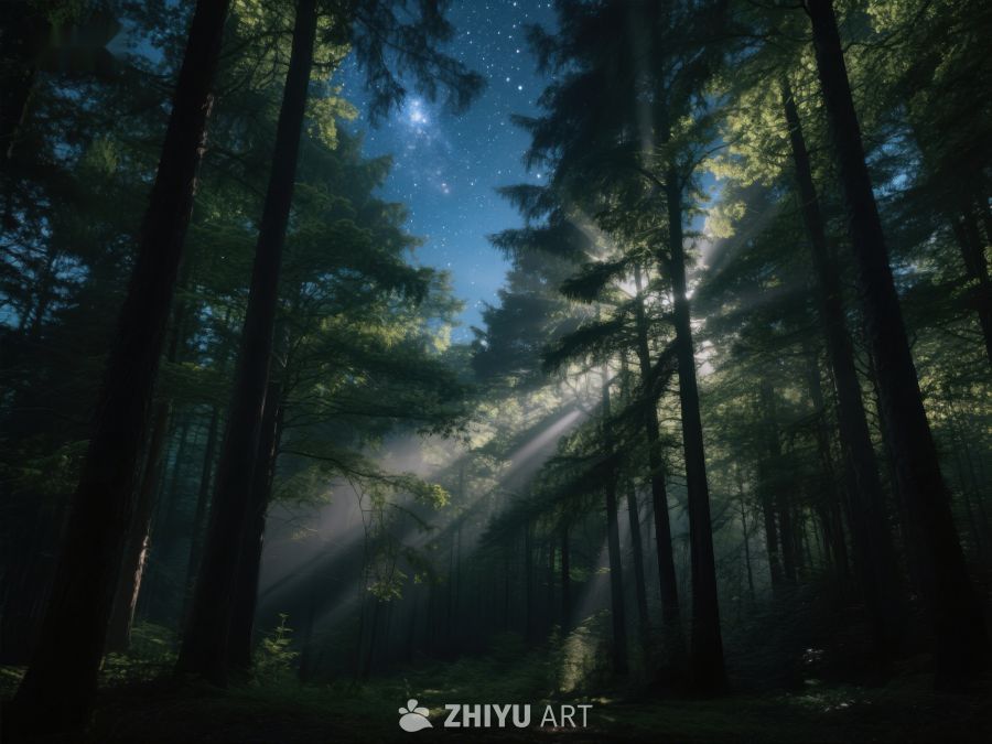 夜幕森林，星光与光束交织 404