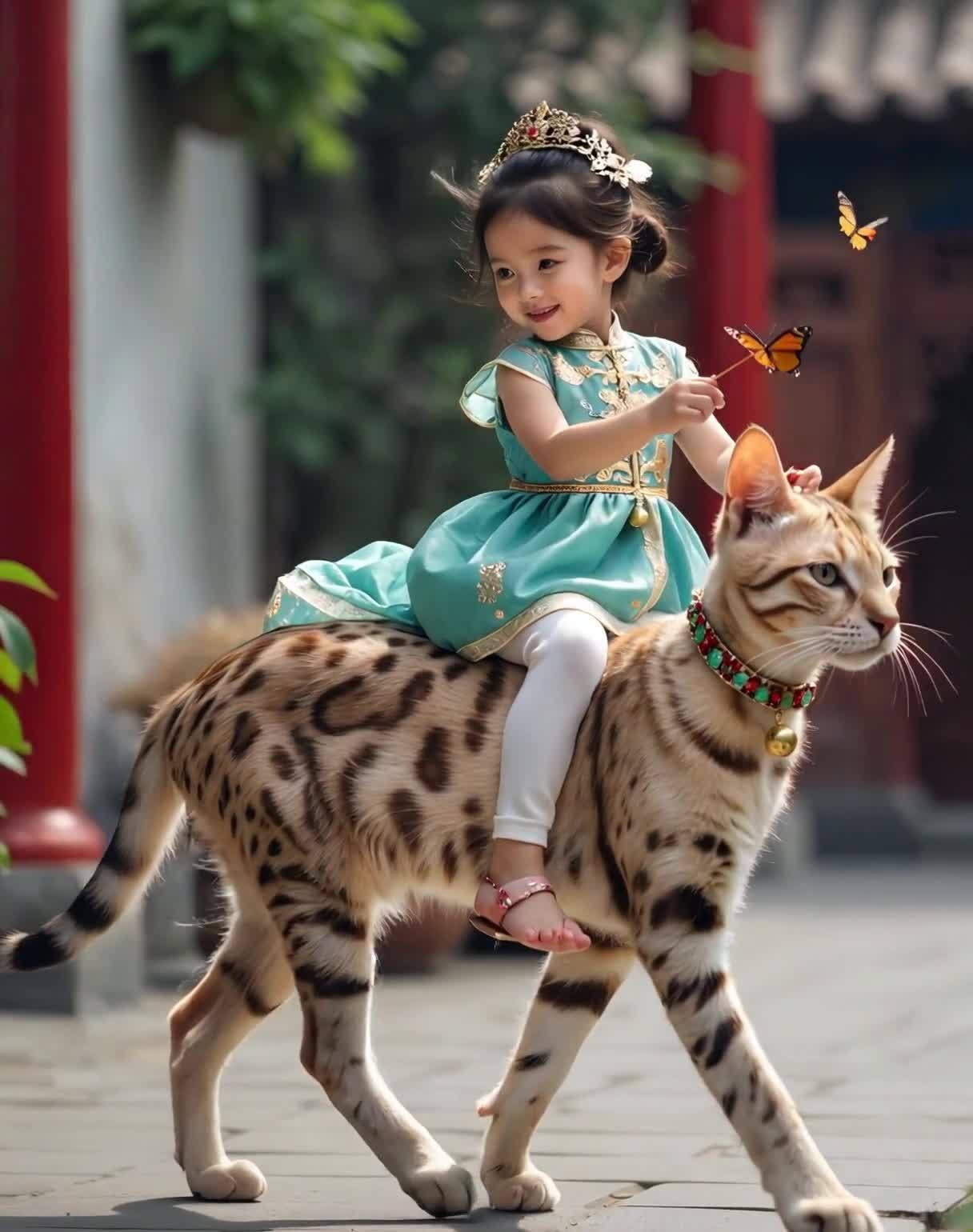 一个小女孩骑在一只大猫的背上，女孩穿着蓝绿色裙子和