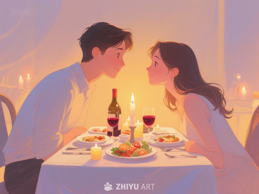 浪漫晚餐：情侣对视温馨场景 417