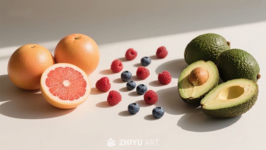 新鲜水果组合：葡萄柚、浆果与牛油果