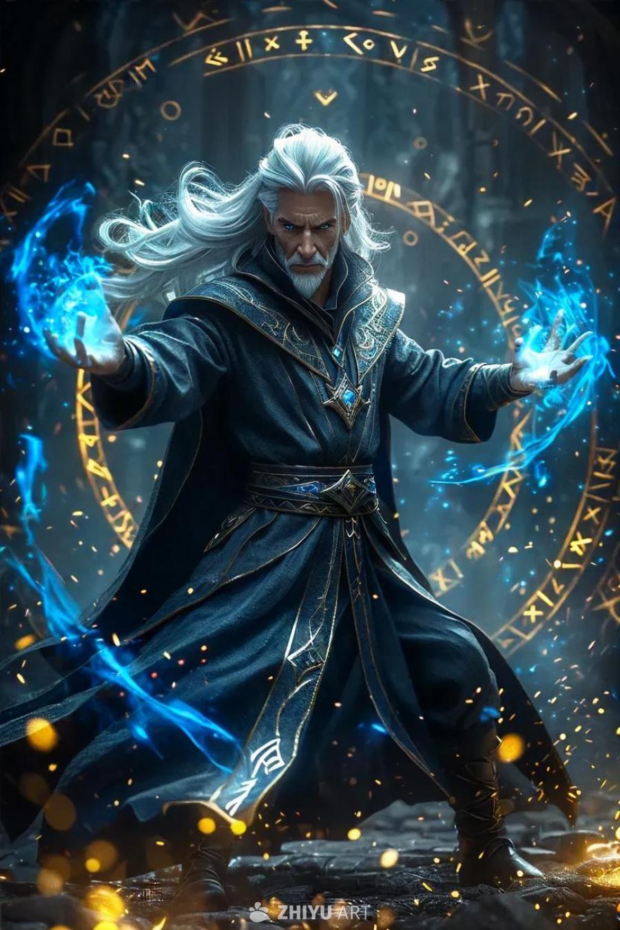 一位身穿深蓝色长袍的白发男性站在一个带有黄色符文的