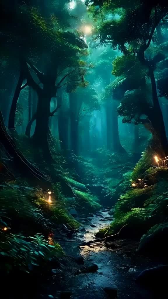一个神秘的动漫森林，有神秘的元素，黑暗的树木，草地