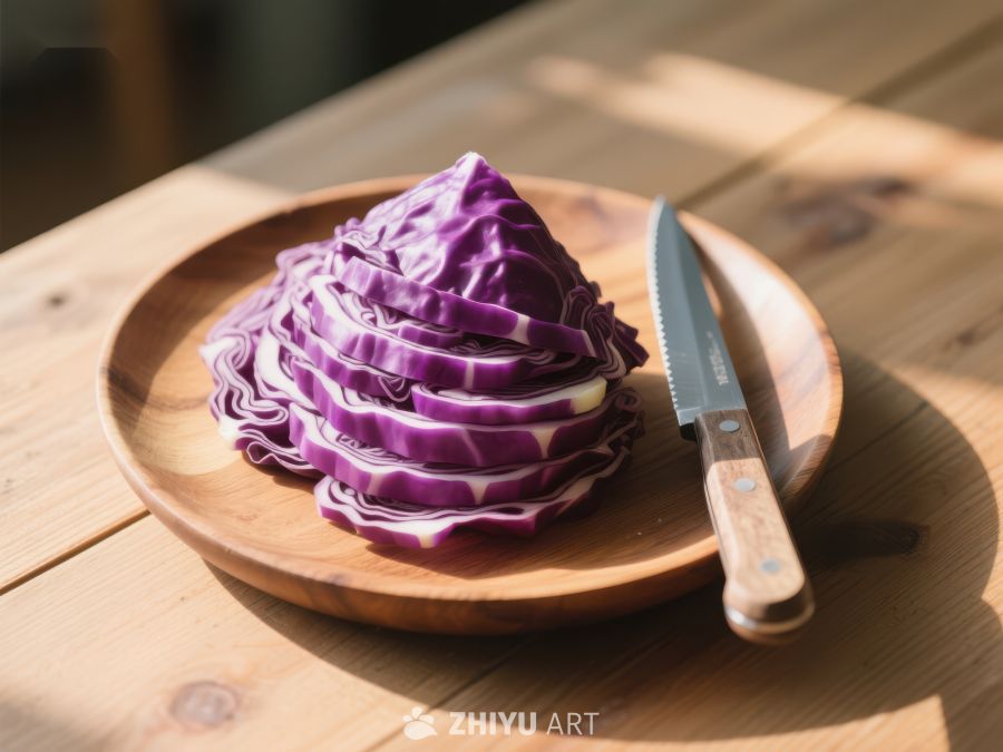 切片紫甘蓝与刀具置于木盘 355