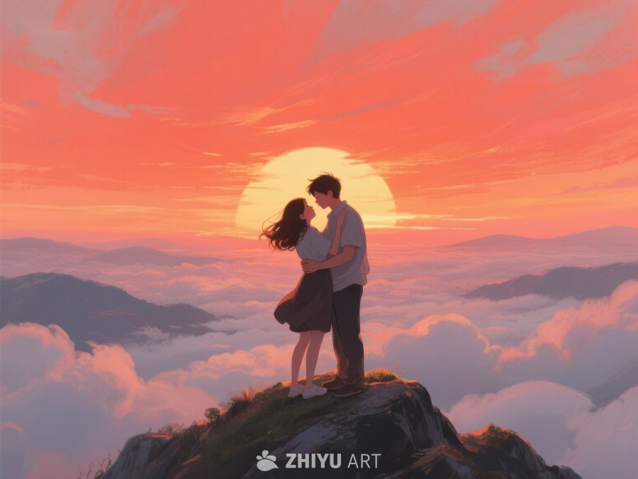 山顶情侣拥抱，夕阳云海背景 657