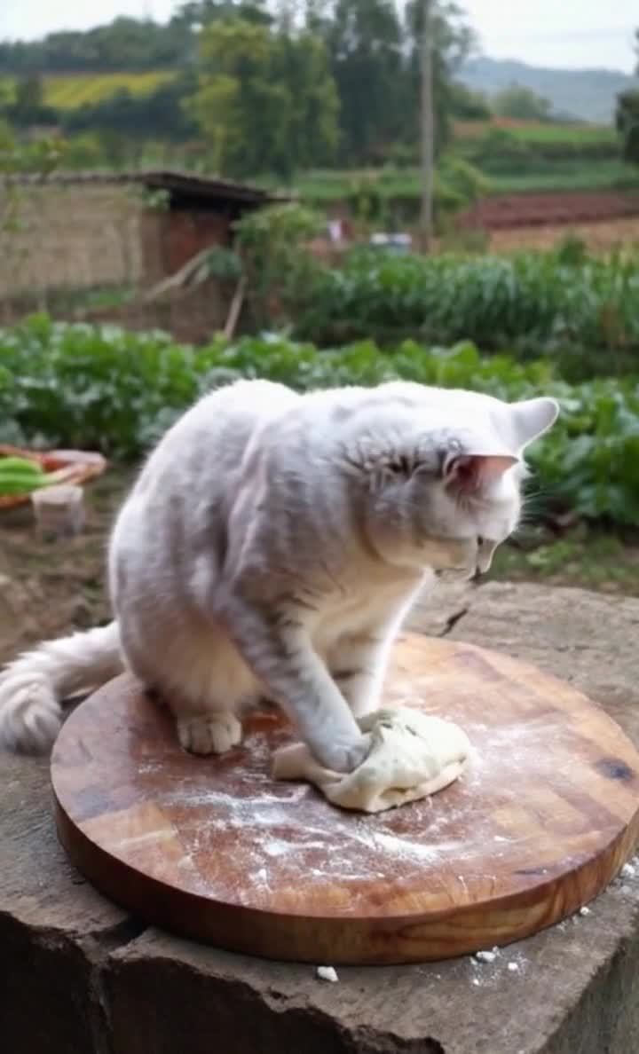 菜园木砧板上的猫爪揉面团场景