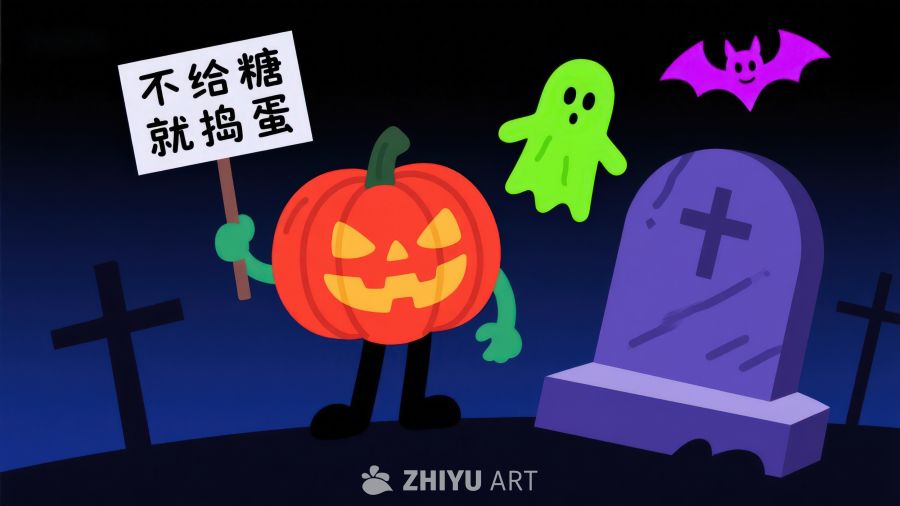 万圣节南瓜手持标语，墓地幽灵蝙蝠相伴