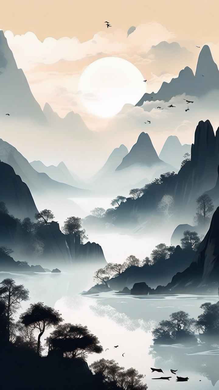 国风水彩画山水风景插画 78