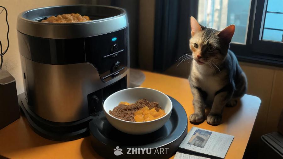 一只灰色条纹猫坐在桌子上，旁边有一个自动喂食器，喂