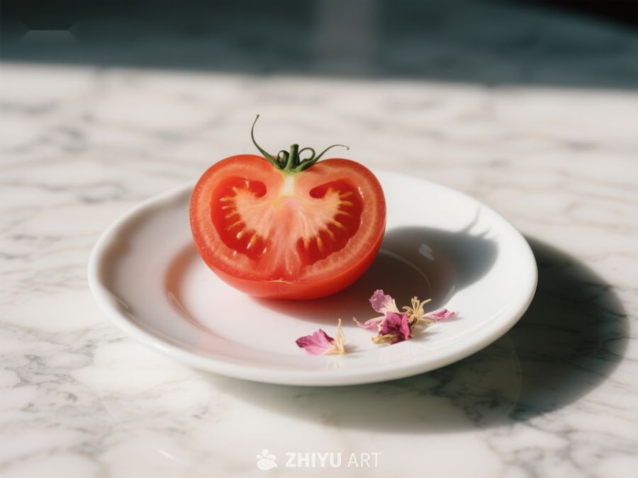 切开的番茄置于白色盘中 252