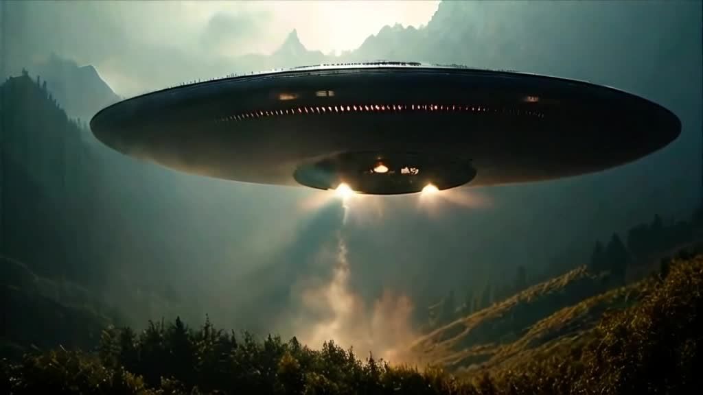 一个碟形的UFO悬浮在雾蒙蒙的山谷上空。它发出黄色