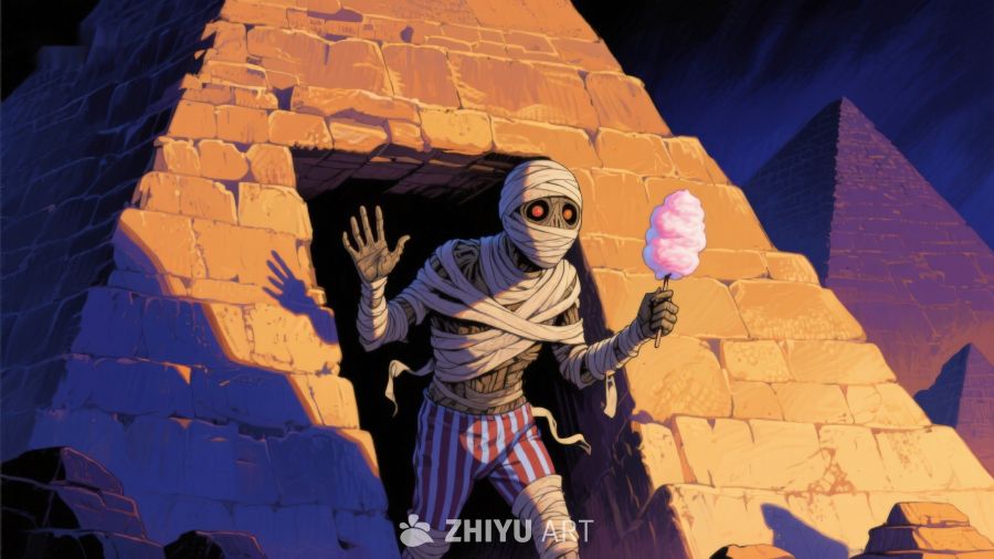 木乃伊手持棉花糖，金字塔前的奇幻场景