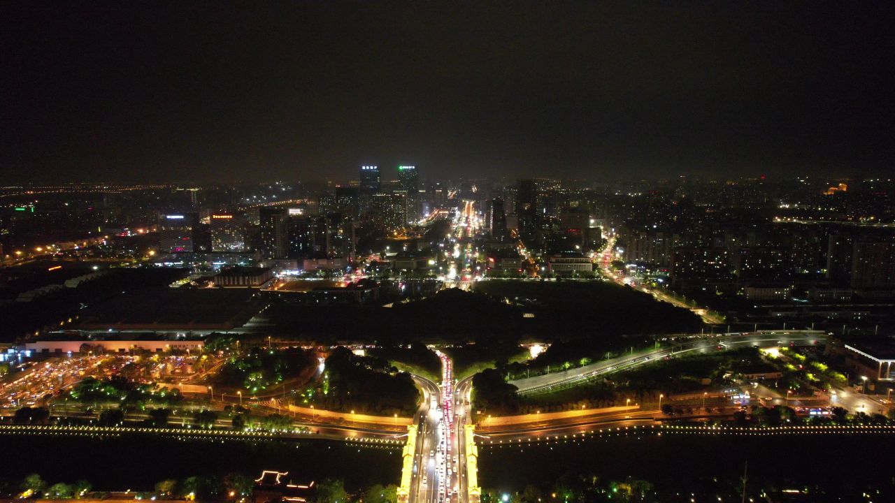 江苏苏州姑苏区老城区夜景灯光航拍 