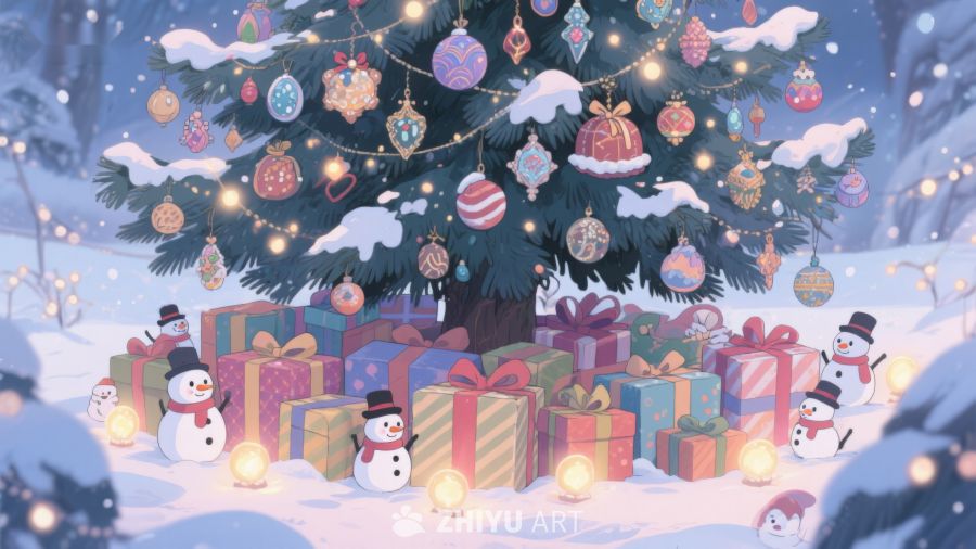 雪夜圣诞树下的礼物与装饰 390