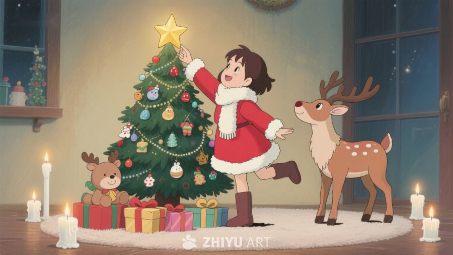 小女孩装饰圣诞树，温馨节日场景 323