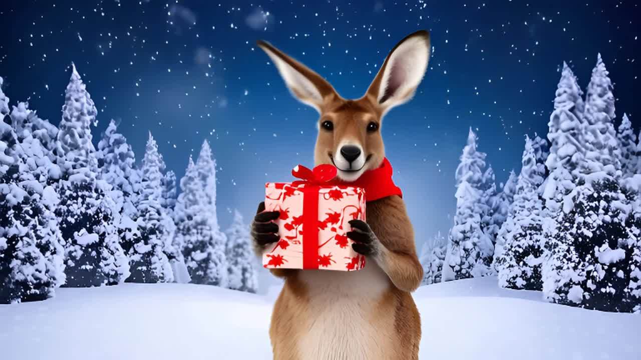 袋鼠站在雪白的冬季仙境中，手中拿着一个用闪亮红丝带