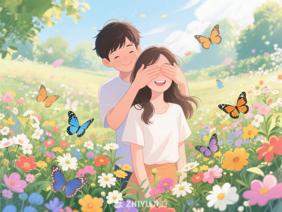 花海中男孩轻掩女孩双眼 331
