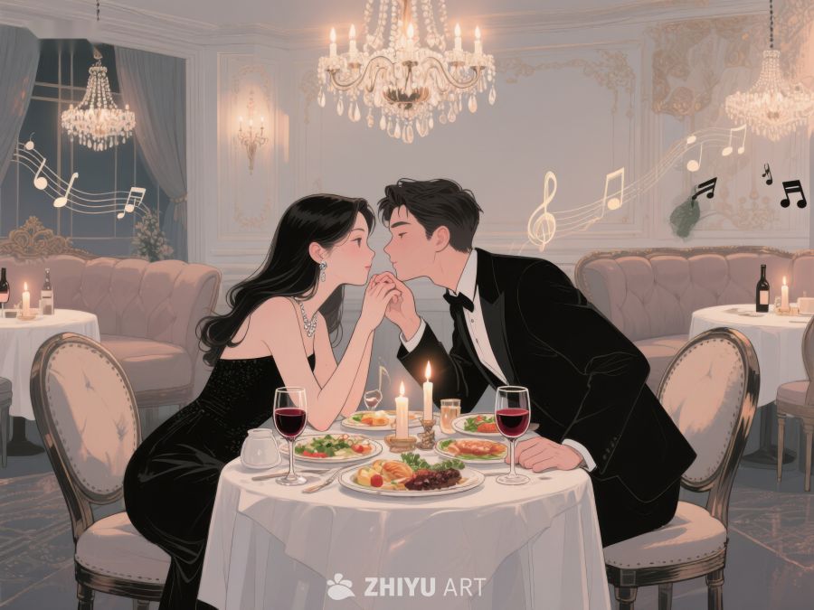 浪漫晚餐：情侣在餐厅轻吻 426