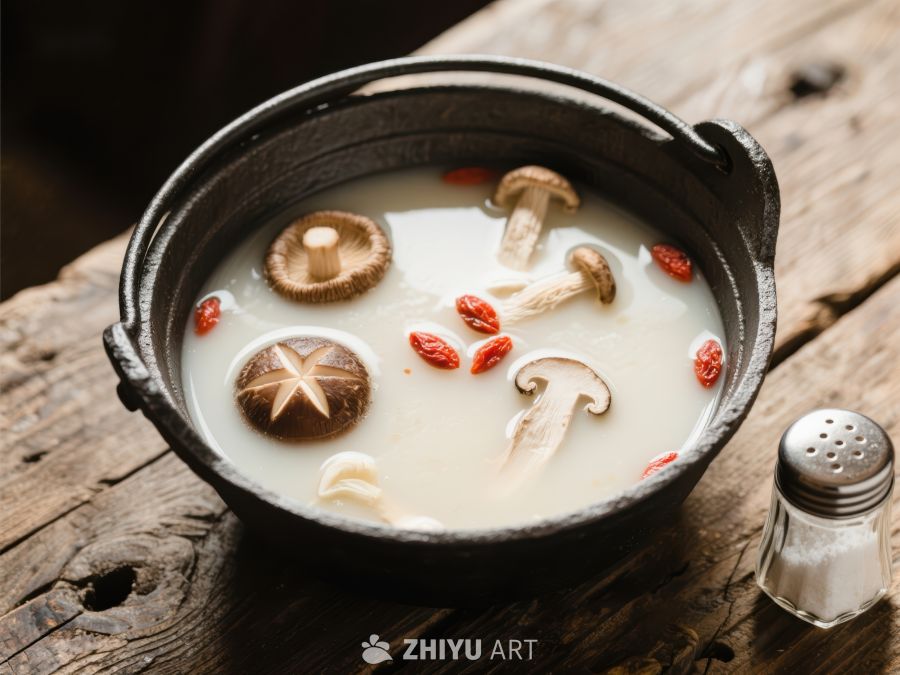 鲜美蘑菇汤，木桌上的温馨美食 771