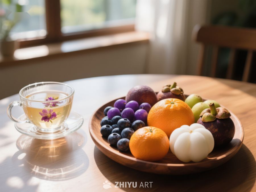 水果拼盘与花茶，阳光下的清新早餐 562
