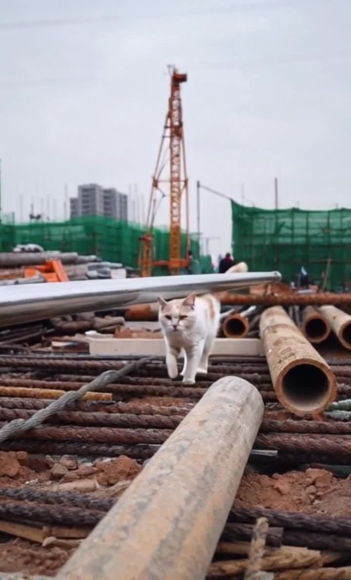 建筑工地猫咪：钢管电缆间的探险之旅
