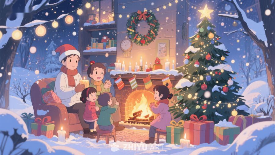 雪夜家庭围炉共度圣诞 364