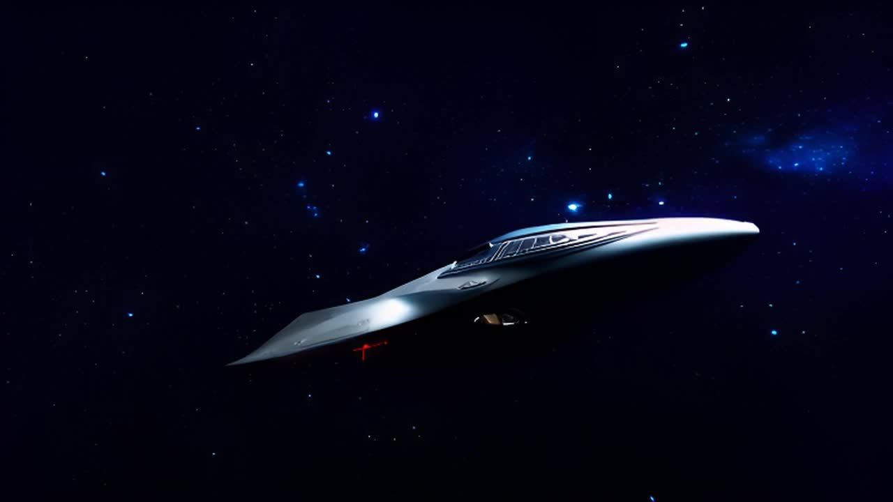 一艘大型宇宙飞船在星空背景中飞行。背景中可见星星和