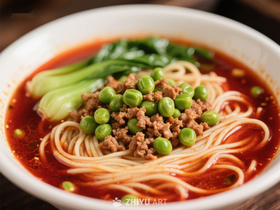 红油面条配青豆与蔬菜 335