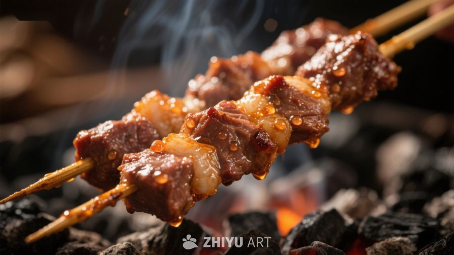 烤肉串在炭火上滋滋作响