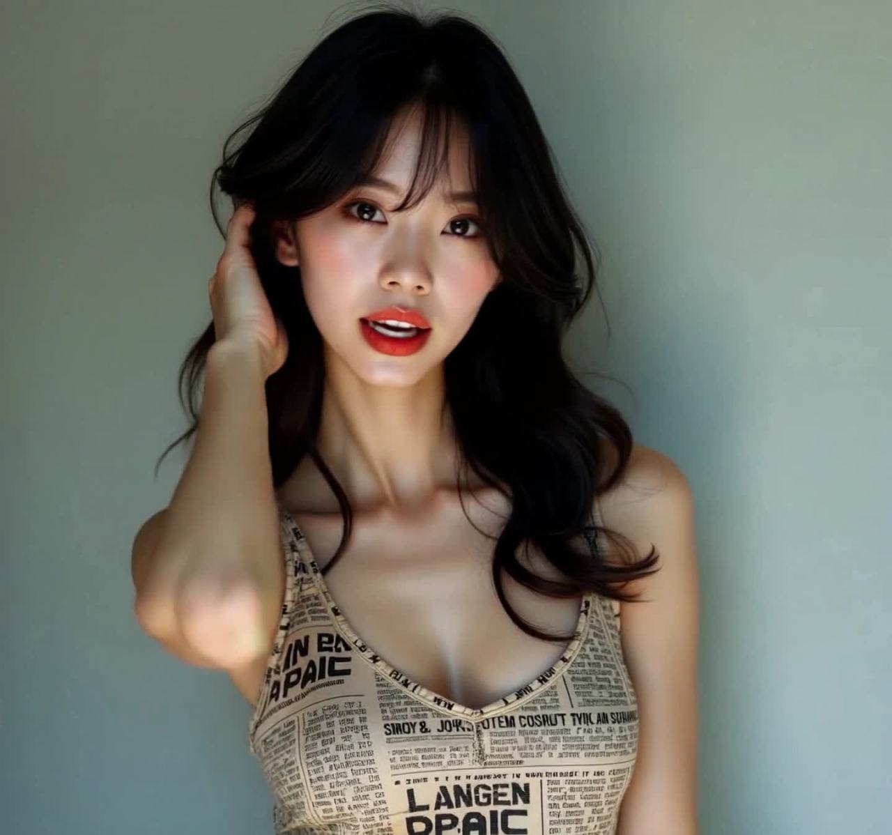报纸背心长发女子触碰发丝灰背景