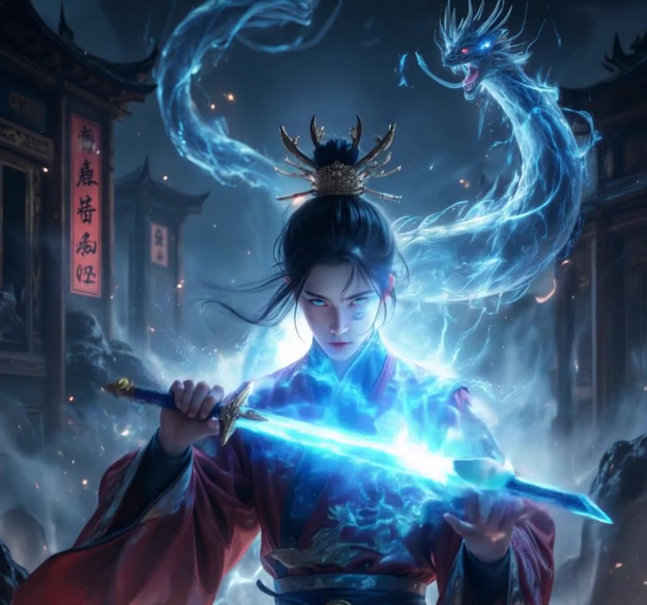 蓝光剑指苍穹双龙盘旋环绕