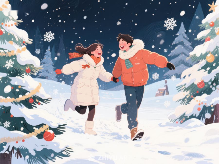 冬日雪景中欢笑奔跑的两人 100