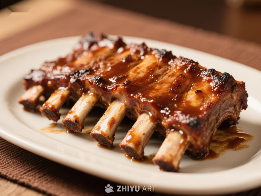 美味烤肋排，色泽诱人